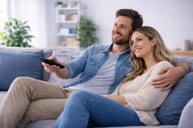 A family watching IPTVUSA4K on the living-room television