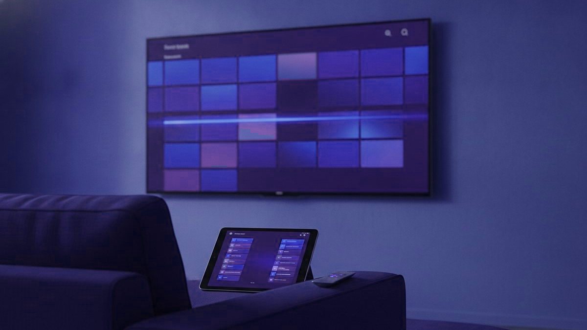 A TV guide grid with a phone and a tablet showing channel lists on a sofa
