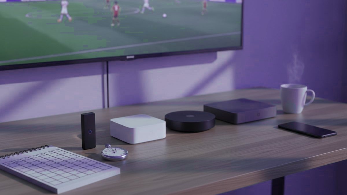 Streaming devices beside a phone showing a support chat and a TV channel guide