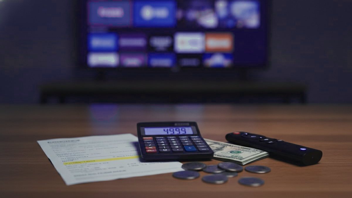 A calculator, dollar bills and a streaming stick beside a TV showing a price grid