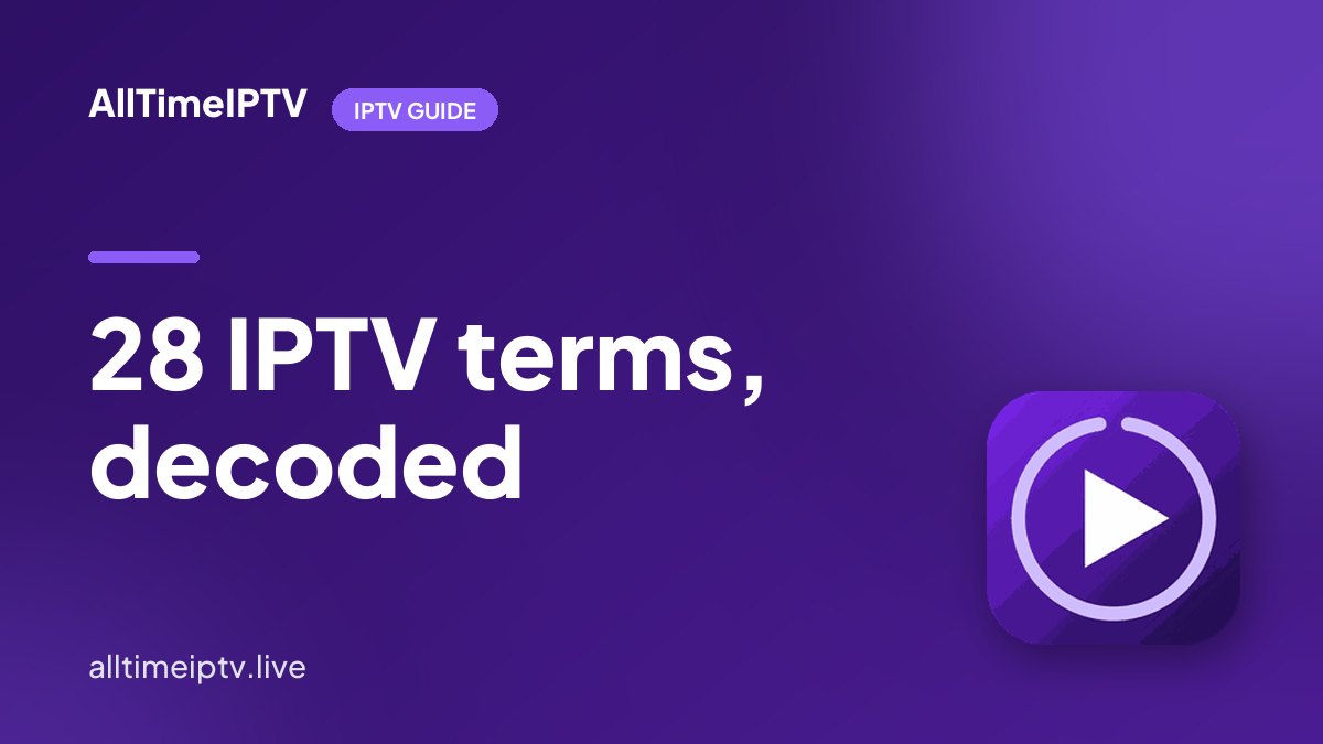 A TV showing a channel guide with common IPTV terms labeled on screen